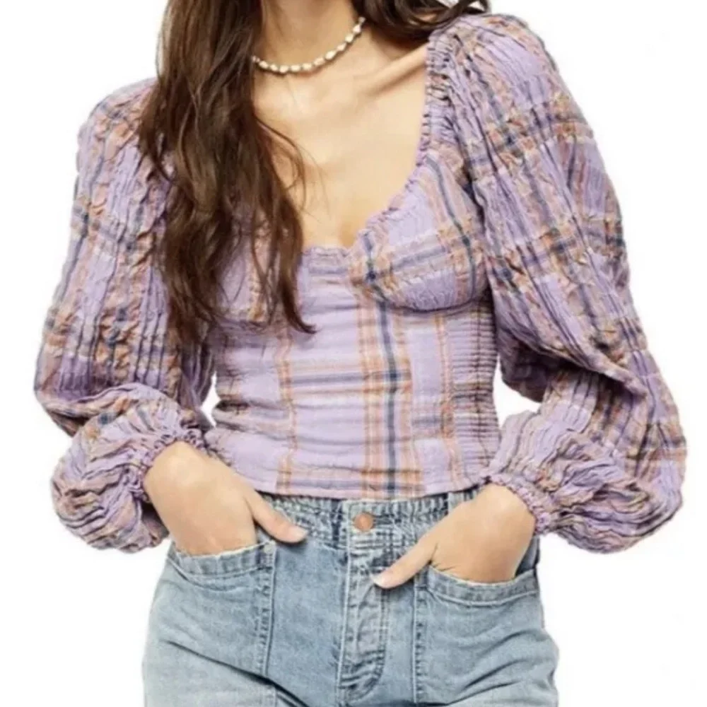 Free People Cherry Bomb Purple Plaid Long Sleeve Blouse Size Small